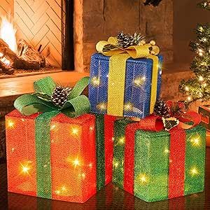 Christmas Lighted Gift Boxes Decorations, Set of 3 LED Light Up Present Boxes Ornament Set Christmas Decorations for Tree Indoor Outdoor Yard Xmas Tree Holiday Party Decor Warm White, Housen Solutions